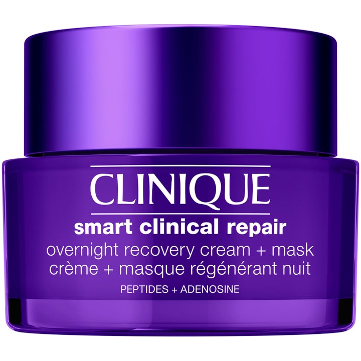 Clinique Smart Clinical Repair Overnight Recovery Cream + Mask elvyttävä yövoide purppuranvärisessä lasipurkissa.