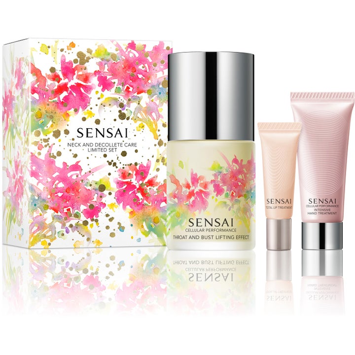 Sensai Neck and Decollete Care Limited Set kiinteyttävä ihonhoitosetti kukkakuosisessa rasiassa hopeisen pullon ja tuubien kera