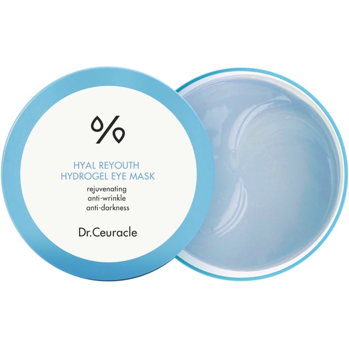 Dr.Ceuracle Hyal Reyouth Hydrogel Eye Mask nuorentava silmänympärysnaamio avatussa vaaleansinisessä purkissa