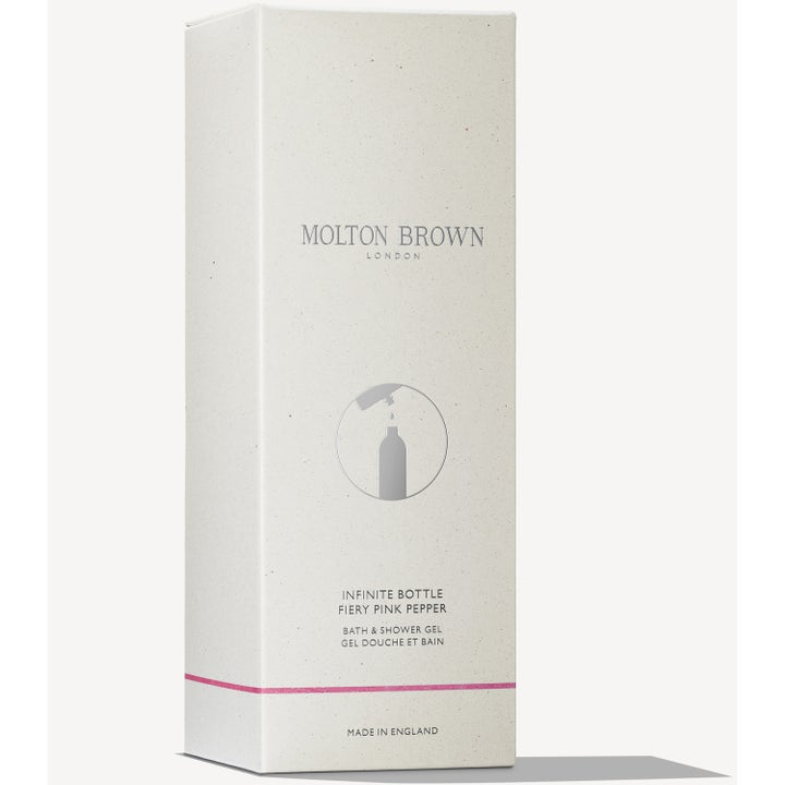 Molton Brown Infinite Bottle Fiery Pink Pepper 400 ml virkistävä suihkugeeli valkoisessa pahvipakkauksessa