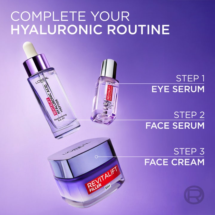 L'Oréal Paris Revitalift Filler 30 ml seerumi ja ihonhoitorutiini kolmessa vaiheessa purppuralla taustalla.