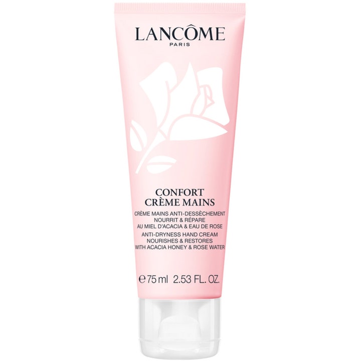 Lancôme Confort Crème Mains 75 ml ravitseva käsivoide vaaleanpunaisessa tuubissa valkoisella ruusukuviolla