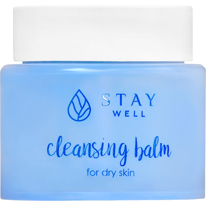 Stay Well Cleansing Balm kosteuttava puhdistusvoide kuivalle iholle sinisessä läpikuultavassa purkissa valkoisella kannella.