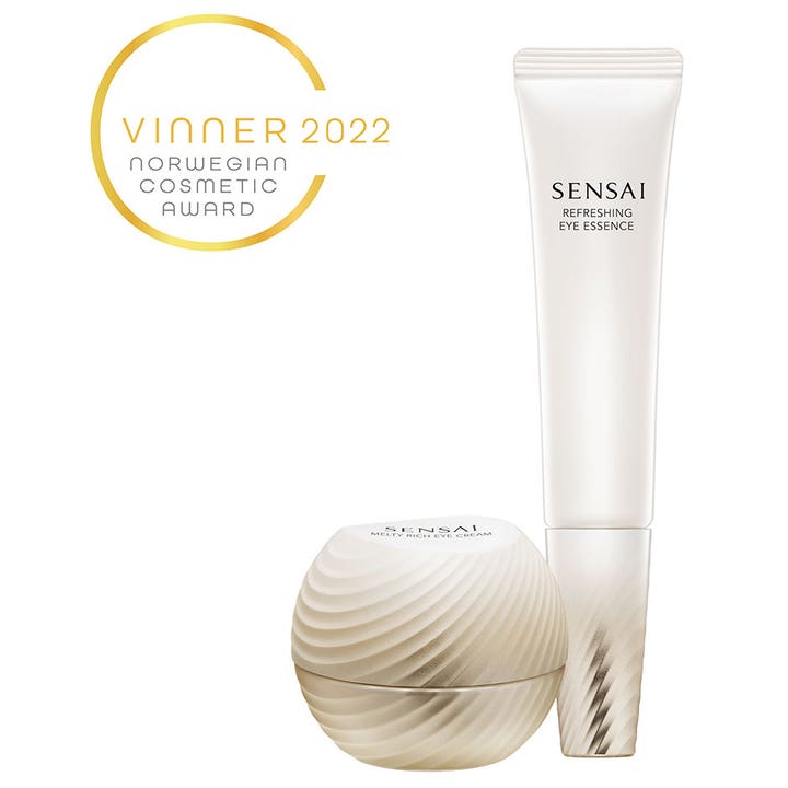 Sensai Total Eye Treatment 35 ml silmänympärysvoide ja seerumi valkoisessa tuubissa ja kuvioidussa purkissa.