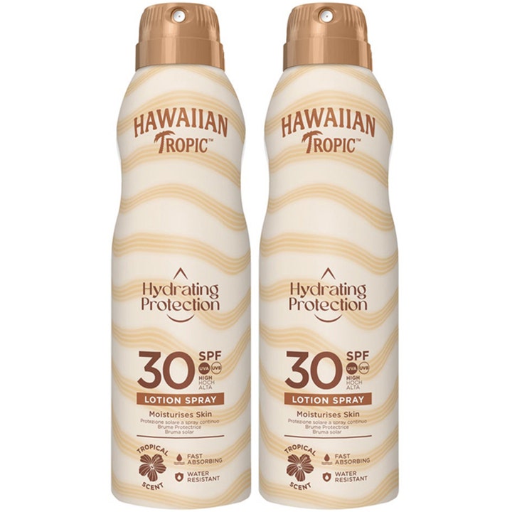 Hawaiian Tropic Hydrating Protection SPF 30 kosteuttava aurinkorasva kaksi valkoista suihkepulloa ruskeilla korkeilla