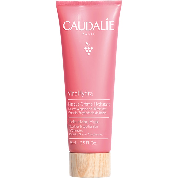 Caudalie VinoHydra Moisturizing Mask 75 ml kosteuttava kasvonaamio vaaleanpunaisessa tuubissa, jossa on puinen korkki.