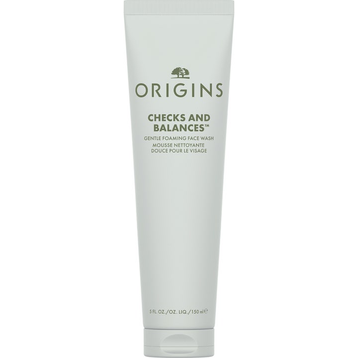 Origins Checks and Balances 150 ml hellävarainen puhdistusvaahto vaaleanharmaassa tuubissa vihreällä tekstillä