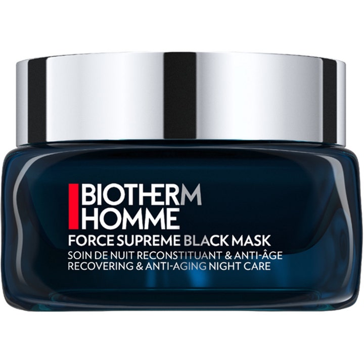 Biotherm Homme Force Supreme Black Mask 50 ml uudistava yönaamio tummansinisessä lasipurkissa hopeisella korkilla