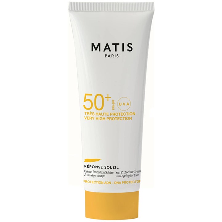 Matis Réponse Soleil SPF 50+ 50ml aurinkovoide suojaa ihoa ja ehkäisee ikääntymistä valkoisessa tuubissa keltaisella korkilla.