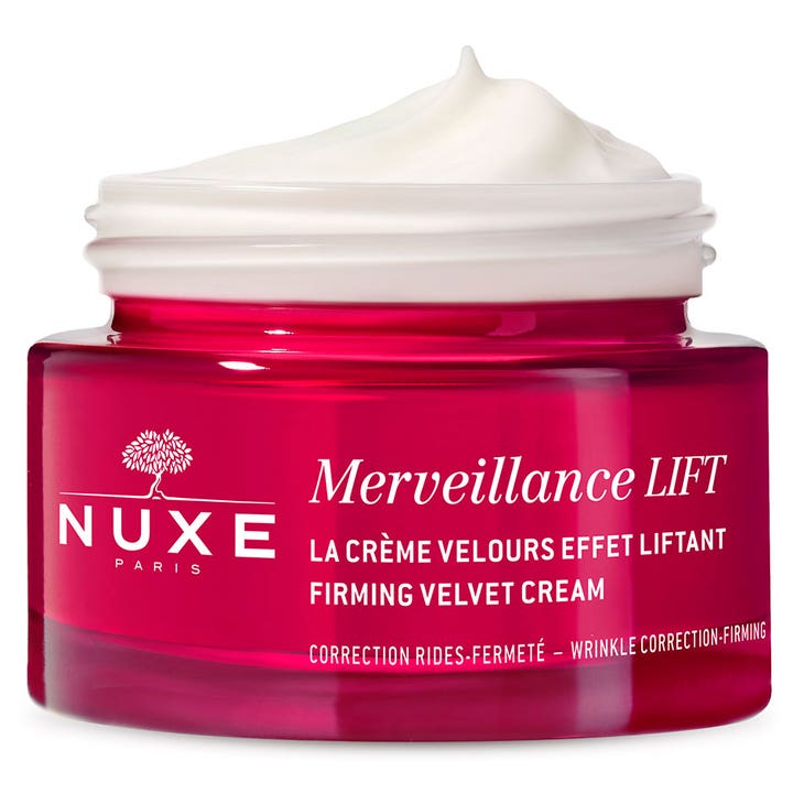 Nuxe Merveillance LIFT Firming Velvet Cream 50 ml kiinteyttävä kasvovoide avatussa punaisessa lasipurkissa.