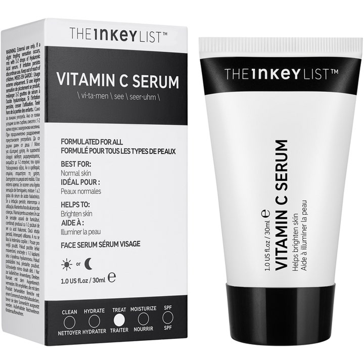 The INKEY List Vitamin C Serum 30 ml kirkastava kasvoseerumi valkoisessa tuubissa ja mustavalkoisessa rasiassa