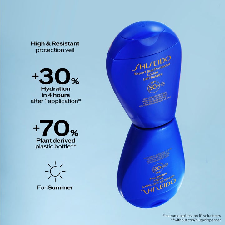 Shiseido Global Sun Care Lotion 300 ml kosteuttava aurinkovoide sinisessä pullossa heijastuksella ja +30 % kosteutus -tekstillä.