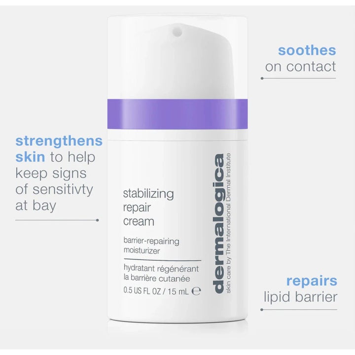 Dermalogica Stabilizing Repair Cream 15 ml rauhoittava kasvovoide valkoisessa pumppupullossa violetilla raidalla.