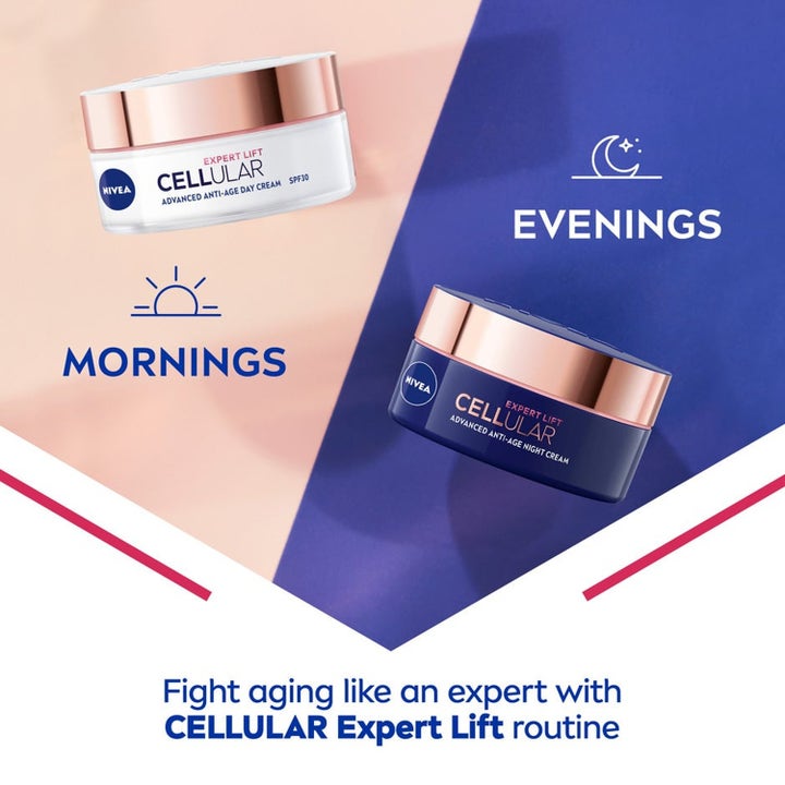 NIVEA Cellular Expert Lift ihonhoitosetti sisältää kiinteyttävän päivä- ja yövoiteen ruusukultaisilla kansilla.