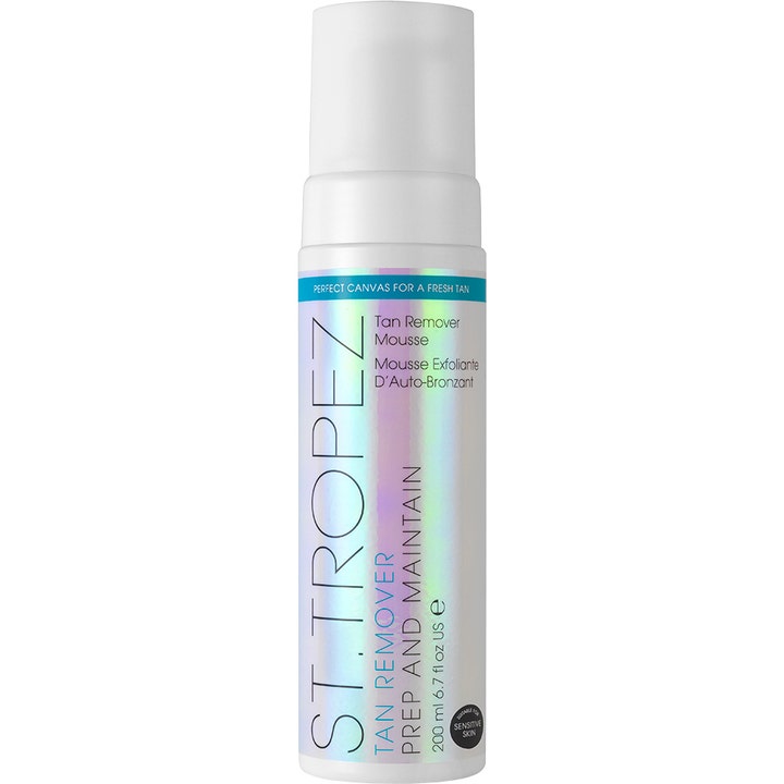 St. Tropez Tan Remover Mousse 200 ml puhdistava vaahto valkoisessa pumppupullossa jossa on helmiäishohtoinen etiketti