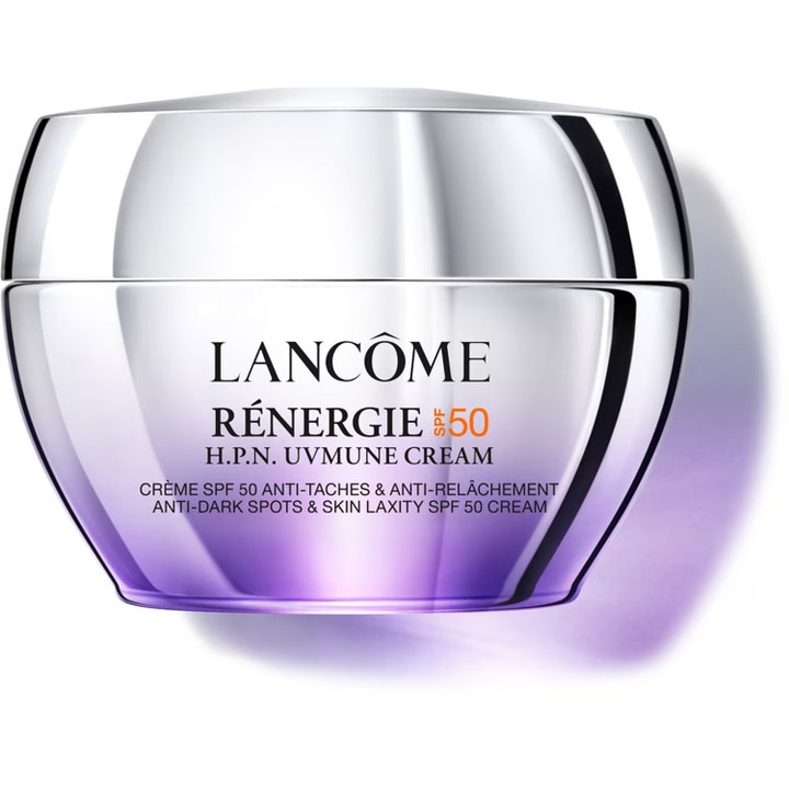Lancôme Rénergie H.P.N. UVMUNE Cream 50 ml spf 50 päivävoide häivyttää pigmenttiläiskiä hopeisessa violetissa purkissa