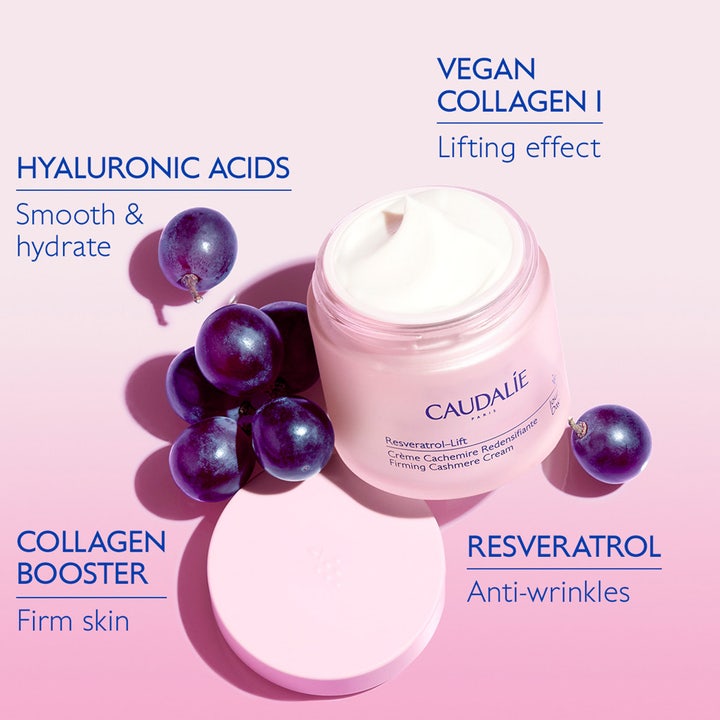 Caudalie Resveratrol-Lift Refill 50 ml kiinteyttävä kasvovoide, pinkki purkki, viinirypäleitä ja vegaanista kollageenia.