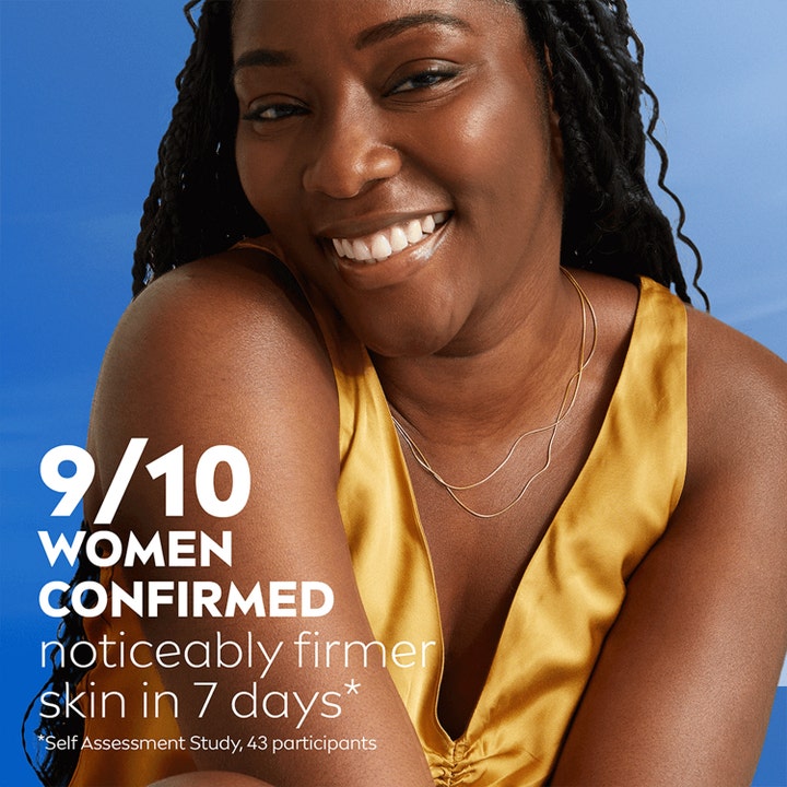 NIVEA Q10 Vitamin C Body Lotion 250 ml kiinteyttävä vartalovoide ja hymyilevä nainen sekä teksti kiinteämmästä ihosta