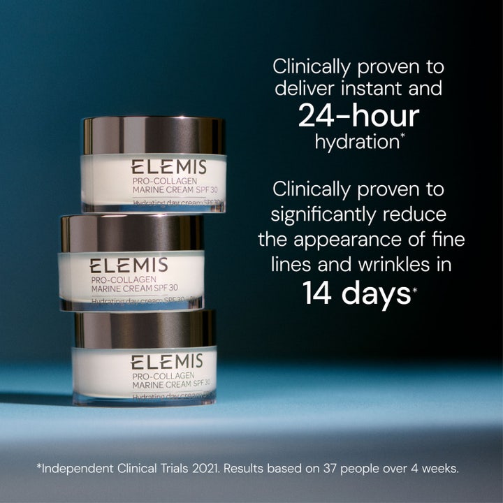 Elemis Pro-Collagen Marine Cream SPF30 50 ml kosteuttava päivävoide kolmen purkin pinona hopeisilla korkeilla.