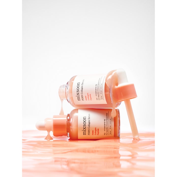 Mixsoon PDRN Collagen Serum 30 ml kirkastava seerumi ja vaaleanpunainen valuva koostumus lasipullossa.