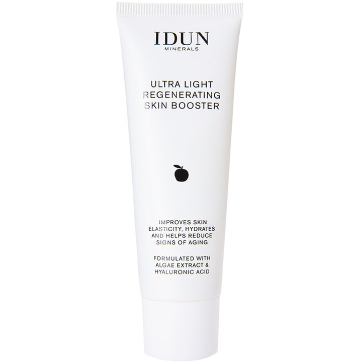IDUN Minerals Ultra Light Regenerating Skin Booster uudistava seerumi levällä ja hyaluronihapolla valkoisessa tuubissa