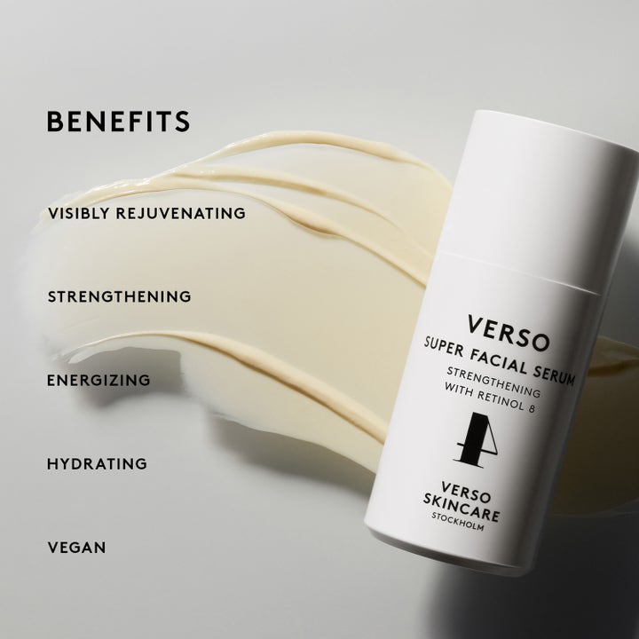 Verso Super Facial Serum 30 ml vahvistava vegaaninen Retinol 8 seerumi valkoisessa pullossa ja kermainen voide