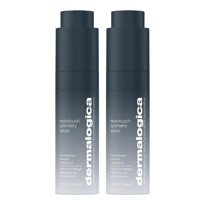 Dermalogica Neurotouch Symmetry Serum 30 ml kiinteyttävä kasvoöljy kahdessa tummanharmaassa pumppupullossa.