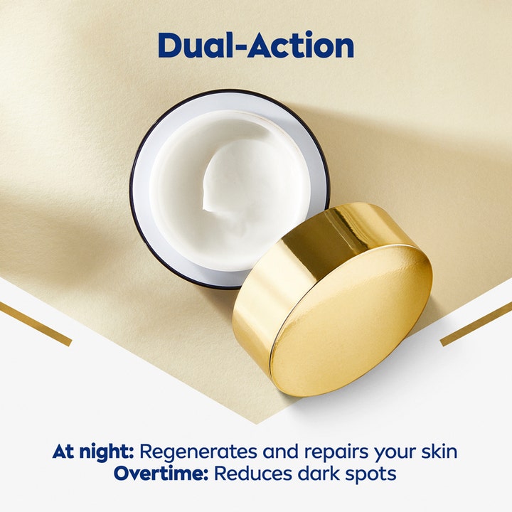 NIVEA Luminous630 Anti Dark-Spot Night Cream 50 ml uudistava yövoide vaalentaa pigmenttiläiskiä ja siinä on kultainen kansi.