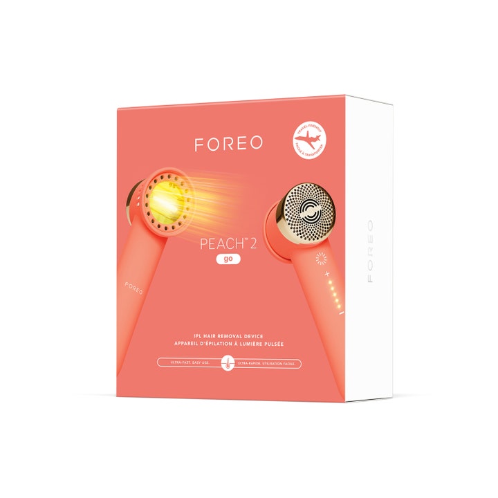 FOREO PEACH 2 go 1 kpl IPL-karvanpoistolaite persikanvärisessä pakkauksessa poistaa ihokarvat tehokkaasti.