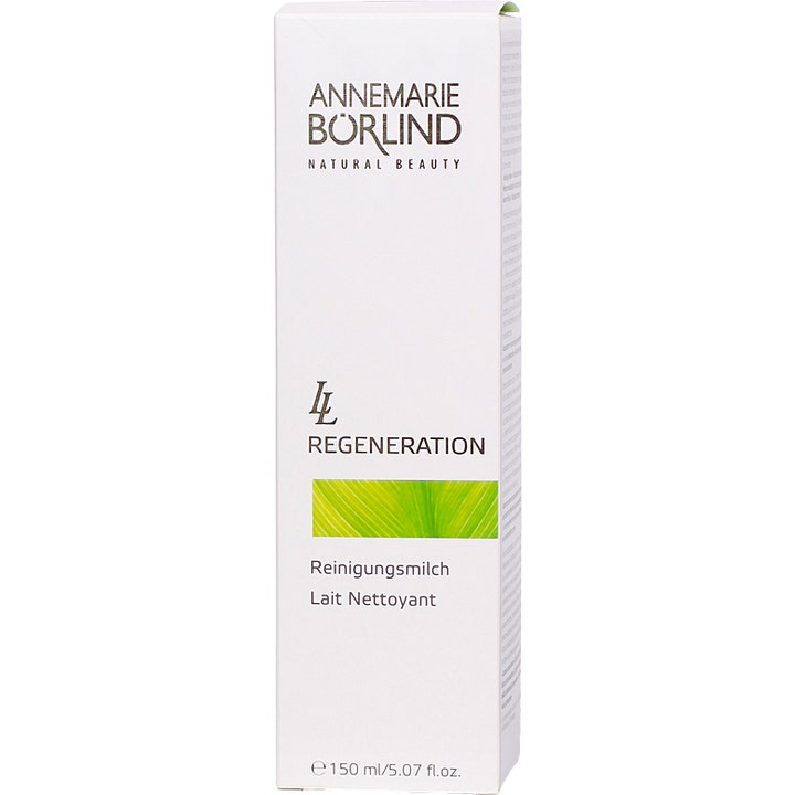 Annemarie Börlind LL Regeneration Cleansing Milk 150 ml uudistava puhdistusmaito valkoisessa kotelossa vihreällä lehdellä