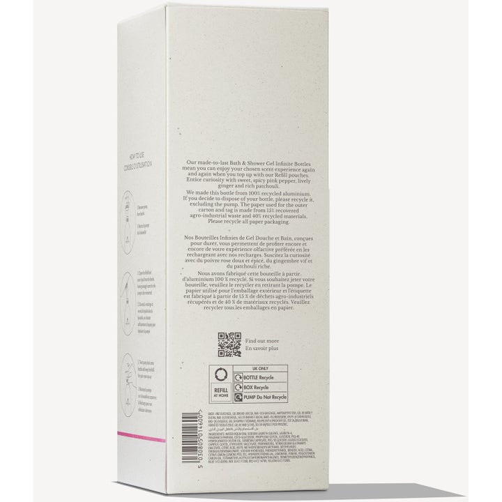 Molton Brown Infinite Bottle Fiery Pink Pepper 400 ml suihkugeeli valkoinen pahvipakkaus sisältää kierrätysohjeet