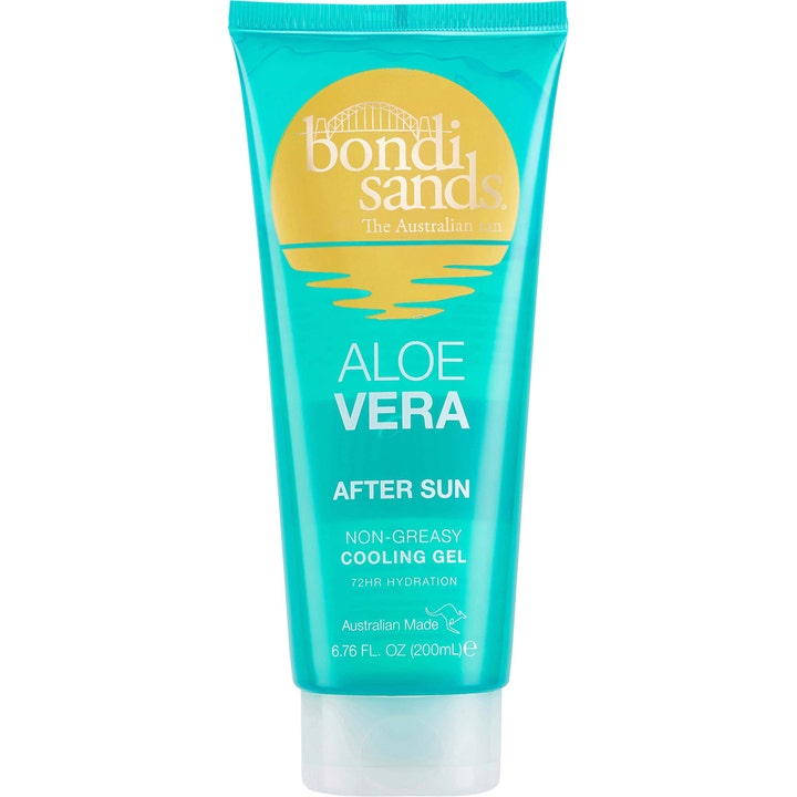 Bondi Sands Aloe Vera After Sun 200 ml viilentävä ja kosteuttava vartalogeeli turkoosissa tuubissa keltaisella aurinkologolla.