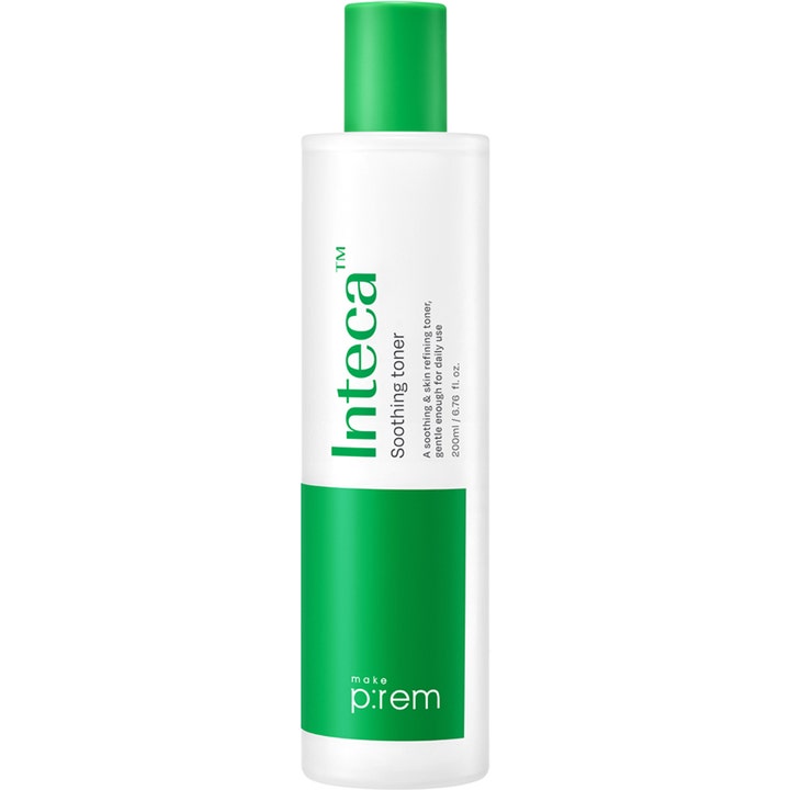 make p:rem Inteca Soothing Toner 200 ml rauhoittava kasvovesi valkoisessa pullossa vihreällä korkilla ja alaosalla.