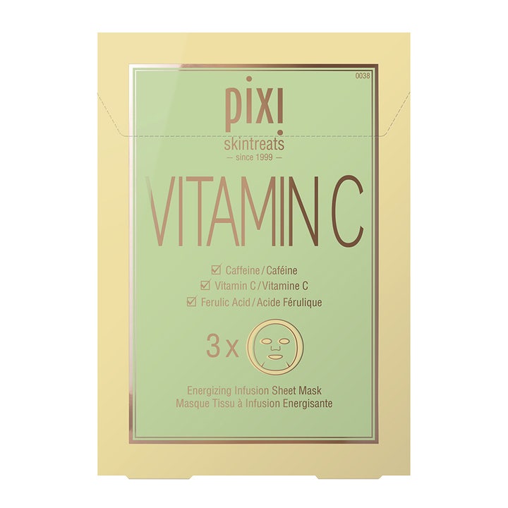 Pixi Vitamin-C Energizing Sheet Mask 3 kpl kirkastava kangasmaski vaaleanvihreässä pakkauksessa.