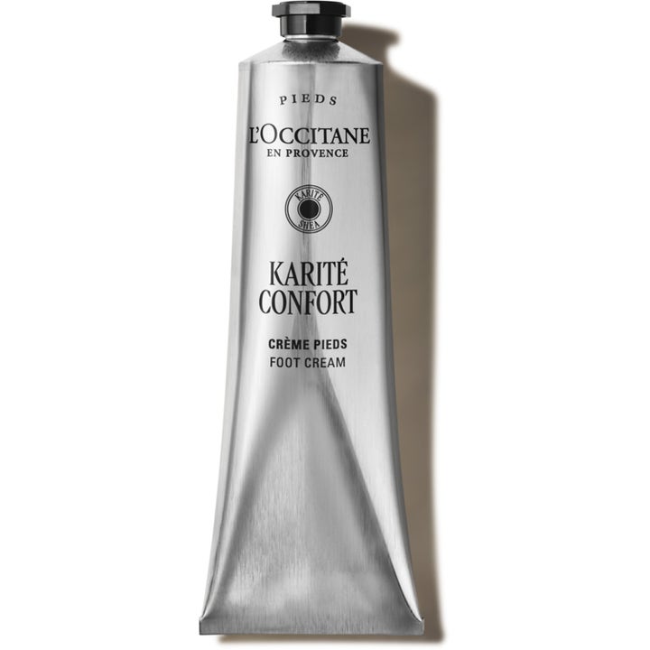 L'Occitane Shea Foot Cream 150 ml ravitseva jalkavoide hopeisessa metallituubissa mustalla korkilla.