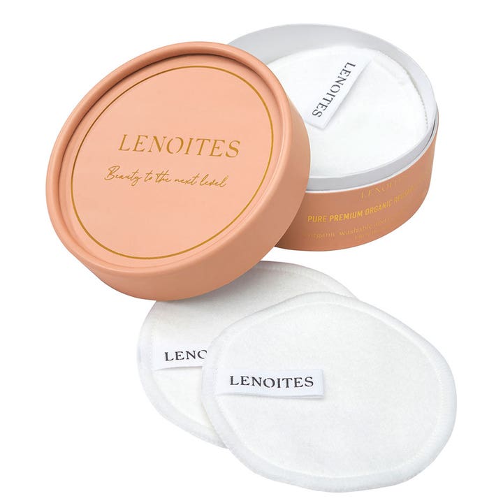 Lenoites Pure Premium Organic Reusable Pads uudelleenkäytettävät vanulaput hellävaraiseen puhdistukseen persikanvärisessä rasiassa.