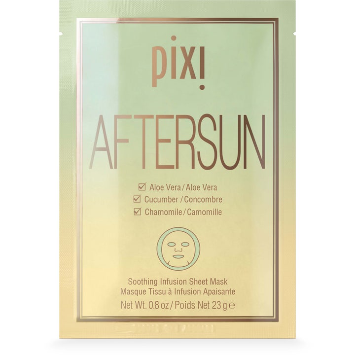 Pixi Aftersun Soothing Infusion Sheet Mask 23 g viilentävä kangasnaamio vaaleanvihreässä pakkauksessa.
