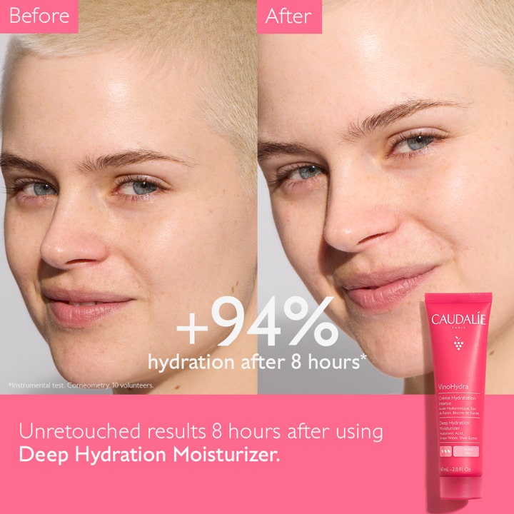 Caudalie Vinohydra Deep Hydration Moisturizer 60 ml syväkosteuttava kasvovoide ennen ja jälkeen -kuvassa jossa +94 % kosteutus