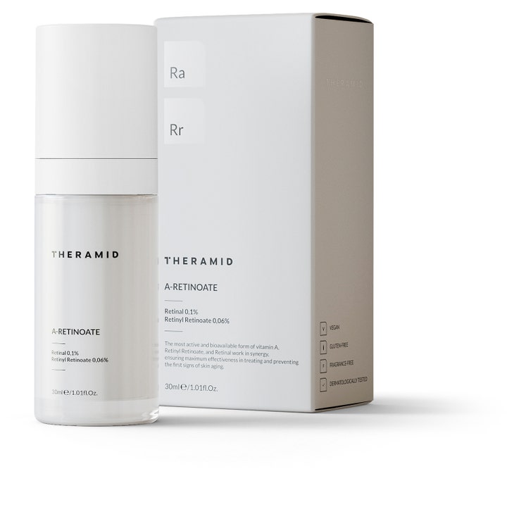 Niche Beauty Lab Theramid A-Retinoate 30 ml uudistava anti-aging-seerumi valkoisessa pullossa ja pakkauksessa