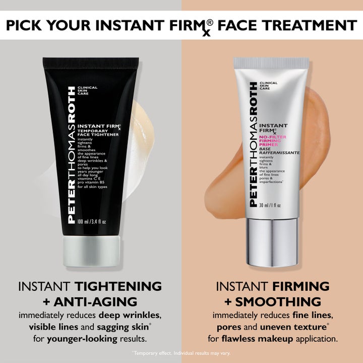 Peter Thomas Roth Instant FIRMx Temporary Face Tightener 100 ml silottava seerumi mustassa tuubissa ja vaalea geeli.