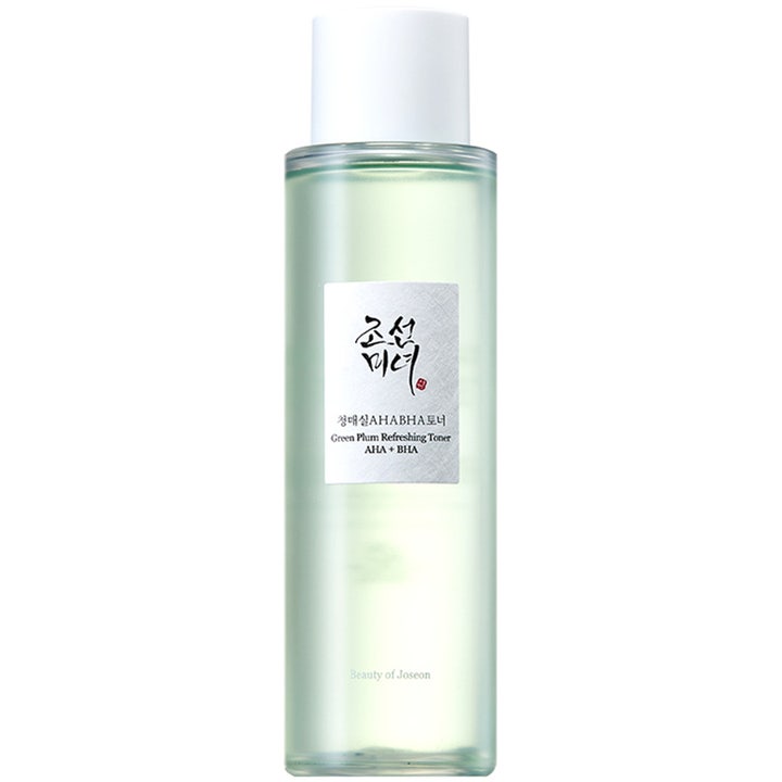 Beauty of Joseon Green Plum Refreshing Toner AHA + BHA 150 ml kuoriva kasvovesi vaaleanvihreää nestettä valkoisella korkilla.