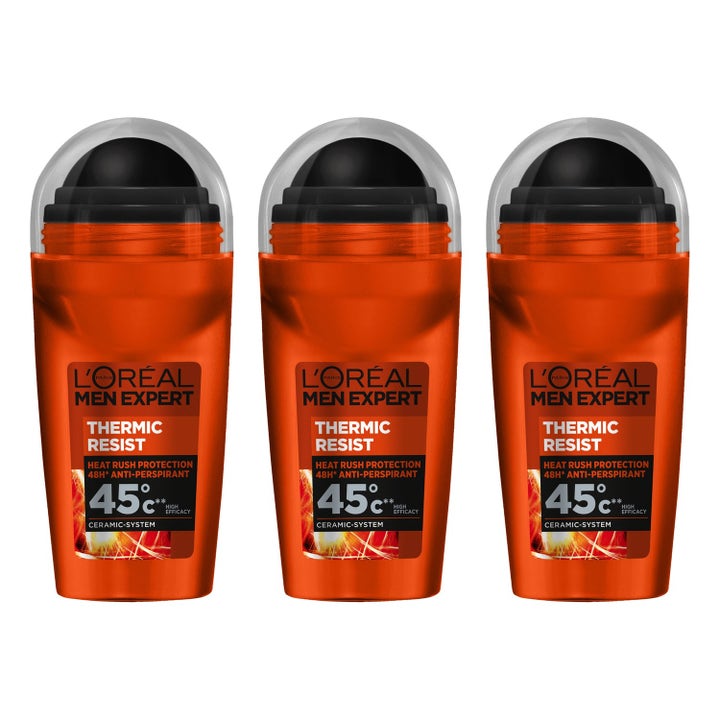 L'Oréal Men Expert Thermic Resist 3 x 50 ml anti-perspirantti estää hikoilua kolme oranssia roll-on-pulloa.