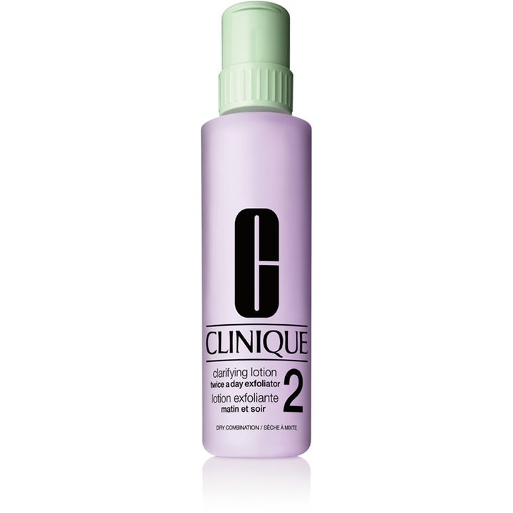 Clinique Clarifying Lotion 2 kirkastava kasvovesi kuivalle sekaiholle liilassa pullossa mintunvihreällä korkilla