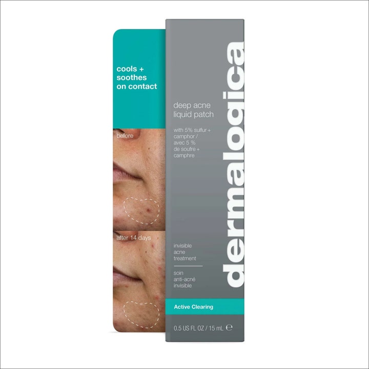 Dermalogica Deep Acne Liquid Patch 15 ml näkymätön aknehoito harmaassa pakkauksessa 14 päivän tuloskuvilla.
