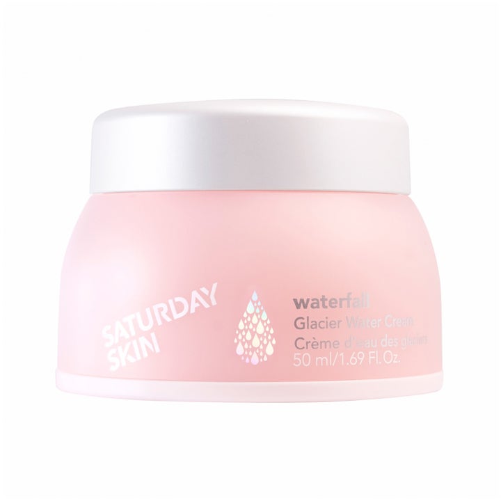Saturday Skin Waterfall Glacier Water Cream 50 ml kosteuttava kasvovoide vaaleanpunaisessa purkissa valkoisella kannella.