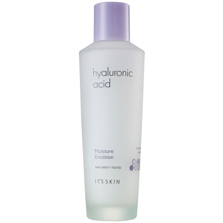 It'S SKIN Hyaluronic Acid Moisture Emulsion kosteuttava emulsio huurretussa pullossa jossa on vaaleanliila korkki