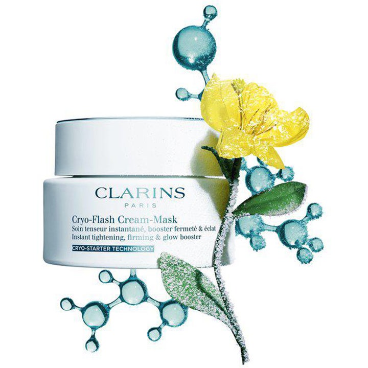 Clarins Cryo-Flash Cream-Mask 75 ml kiinteyttävä kasvonaamio vaaleassa purkissa keltaisen kukan kera