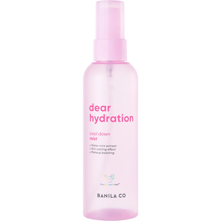 Banila Co Dear Hydration Cool Down Mist virkistävä kasvosuihke vaaleanpunaisessa läpikuultavassa suihkepullossa.