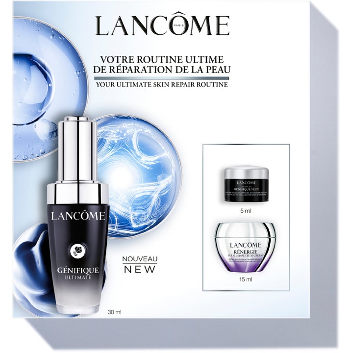 Lancôme Your Ultimate Skin Repair Routine 30 ml 5 ml 15 ml korjaava setti mustassa lasipullossa ja hopeisissa purkeissa.