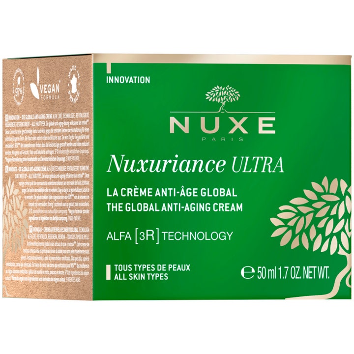 Nuxe Nuxuriance ULTRA 50 ml uudistava päivävoide vihreässä pakkauksessa, jossa on teksti ALFA [3R] TECHNOLOGY.